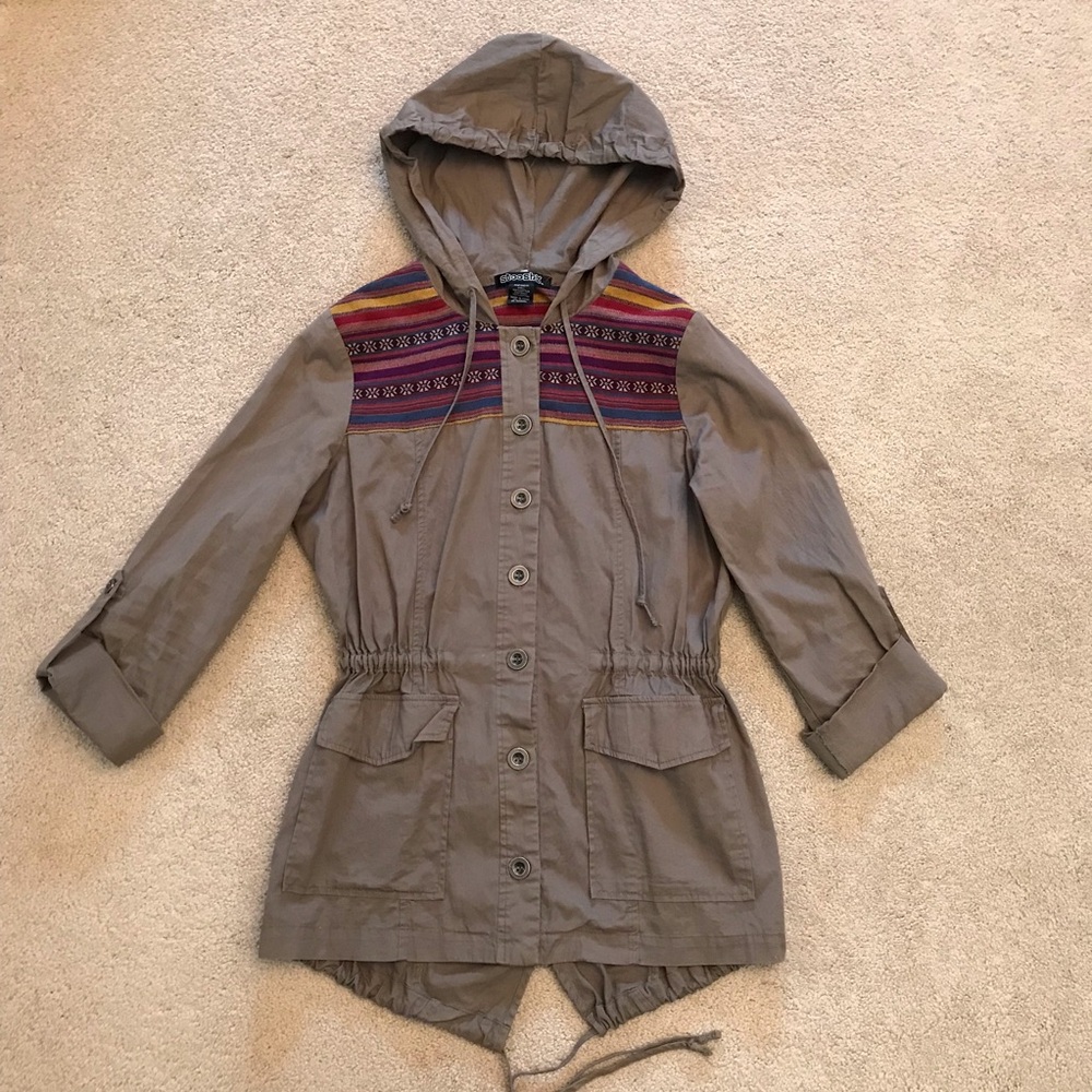 Stooshy Olive Utility Jacket with Multicolor Embroidered Yoke